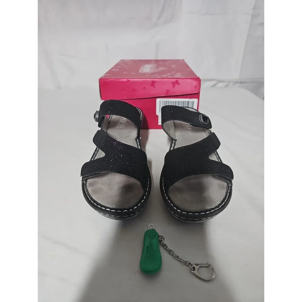 Alegria Loti Glitteroti Black Leather Triple Strap Wedge Sandals EU 38 Us 8m